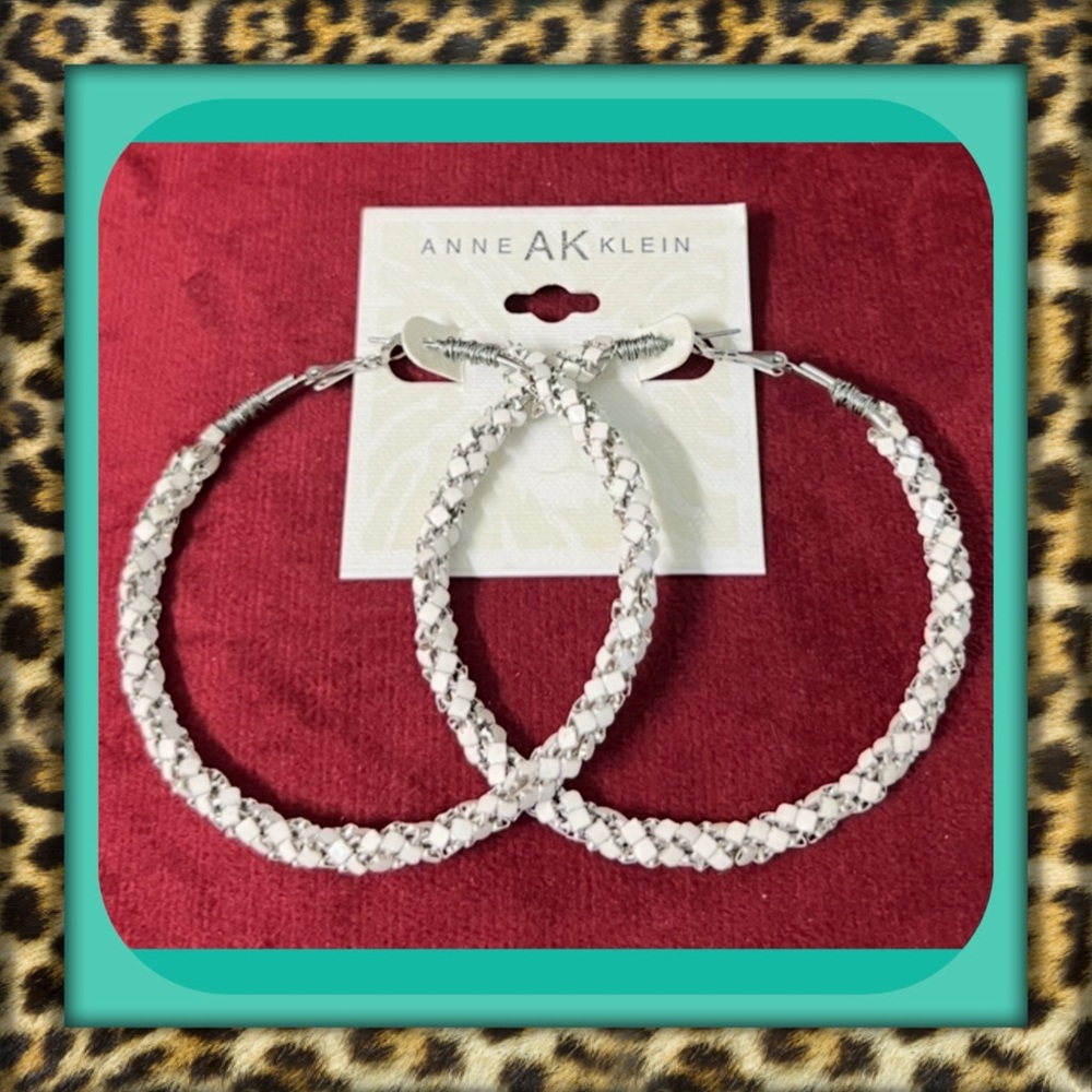 👑✅PRICE FIRM✅ Large Anne Klein White Braided Silver Hoop Earrings. Brand New!